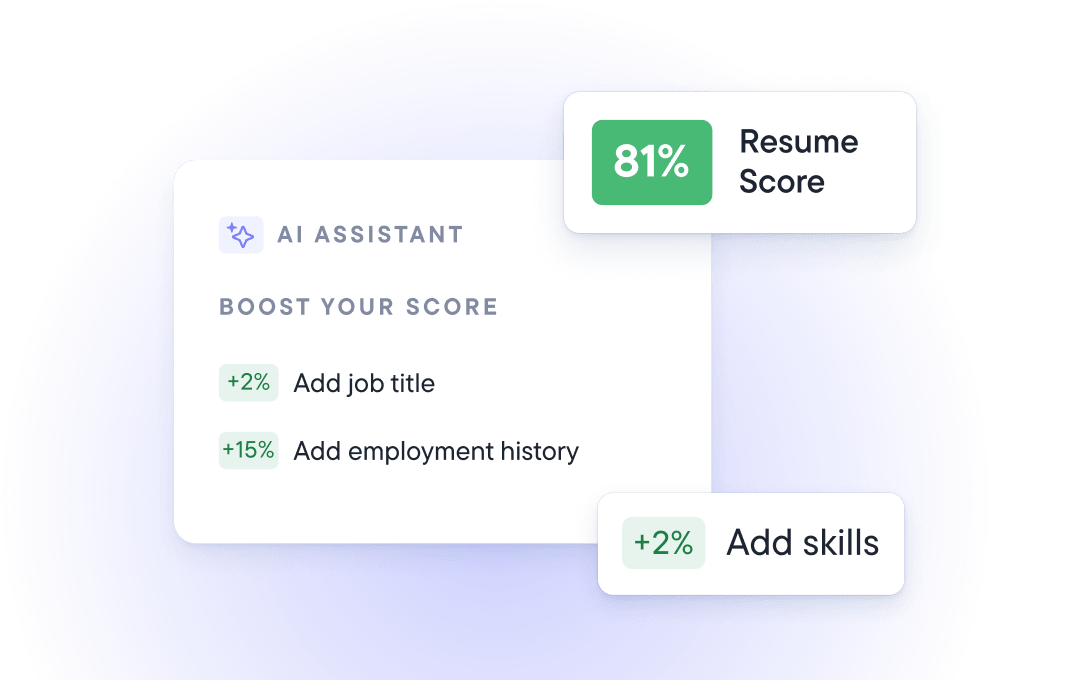 Revisor de CV que muestra puntuación y sugerencias con IA para mejorar el título del puesto, habilidades e historial laboral